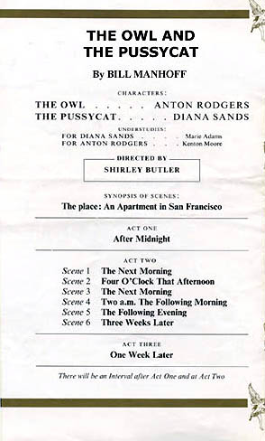 The Owl and the Pussycat programme and cast list starring Anton Rodgers, Diana Sands